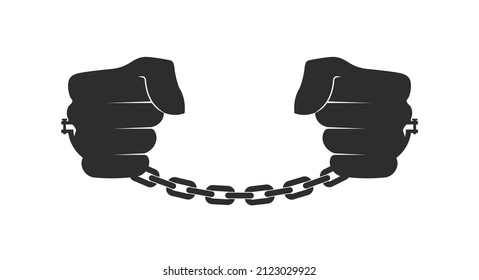 Black Male Hands In Shackles. Slavery Concept. Black Person In Bondage. Abolitionism. Flat Vector Illustration Isolated On White Background.