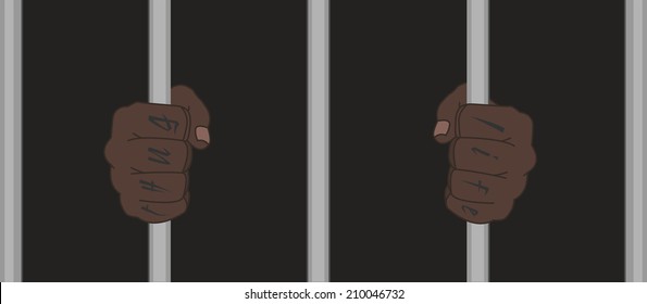 Black male hands with Thug Life tattoo holding prison bars 