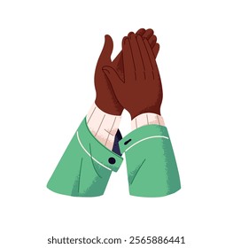 Black male hands up, applauding. African American man clapping palms. Person shows support, gratitude, congratulates, celebrates success with applause. Flat isolated vector illustration on white