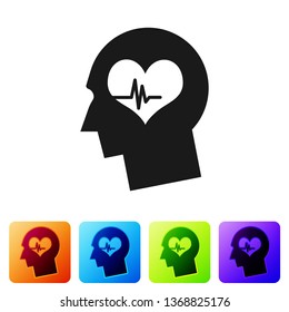 Black Male head with a heartbeat icon isolated on white background. Head with mental health, healthcare and medical sign. Set icon in color square buttons. Vector Illustration