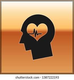 Black Male head with a heartbeat icon isolated on gold background. Head with mental health, healthcare and medical sign. Vector Illustration