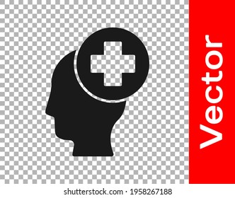 Black Male head with hospital icon isolated on transparent background. Head with mental health, healthcare and medical sign.  Vector