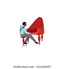 Black male jazz musician playing red piano vector illustration