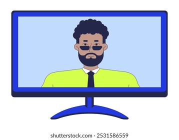 Black male manager on screen computer monitor 2D cartoon object. African american man shirt tie on video call display isolated element flat vector clipart on white background. Spot illustration