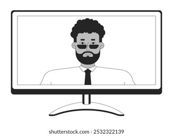 Black male manager on screen computer monitor black and white 2D line object. African american man shirt tie on video call isolated clip art vector outline item. Monochromatic spot illustration