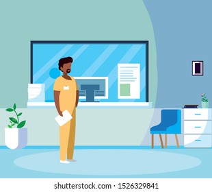 black male medicine worker in hospital reception vector illustration design