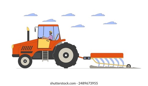 Black male plowing field with tractor cartoon flat illustration. African american man farmer driving truck 2D character isolated on white background. Agricultural machinery scene vector color image