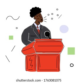 A Black Male Politician In A Business Suit Behind A Podium Makes A Speech. Vector Illustration With Contour In Hand Drawn Style. Cartoon Picture.