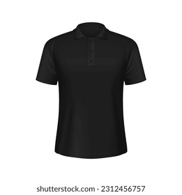 Black male polo shirt realistic 3d vector mockup. Classic wardrobe staple, versatile for casual or formal occasions, comfortable cotton fabric, short-sleeved with collar and buttons front view