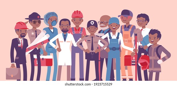 Black male professional workers of different occupations and jobs. Group of people in management, office, banking, medicine, science career. Vector creative stylized illustration