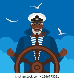 Black male sailor in cap with pipe at helm of ship