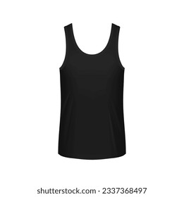 Black male singlet mockup front view. Isolated 3d vector sportswear, underwear for men branding or identity design. Trendy textile fitness apparel for workout exercises template, sleeveless undershirt