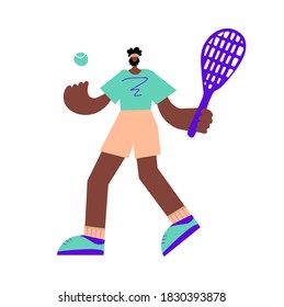 Black male tennis player character with a racket in his hands. Professional or amateur player makes a tennis innings. Vector.
