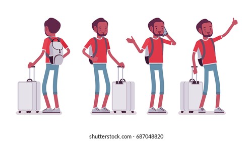 Black Male Tourist Standing. Young Man With Luggage, Before Backpacking Adventure, Hitchhiker. Travel And Tourism Concept. Vector Flat Style Cartoon Illustration, Isolated, White Background