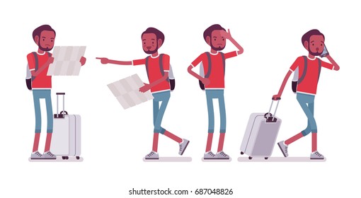 Black male tourist in trip situations. Young man with luggage, planning sightseeing route for attractions. Travel, tourism concept. Vector flat style cartoon illustration, isolated, white background