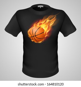 Black male t-shirt with fiery basketball print on grey background.