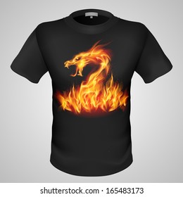 Black male t-shirt with fiery dragon print on grey background.