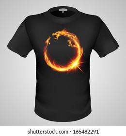 Black male t-shirt with fiery eastern dragon print on grey background.