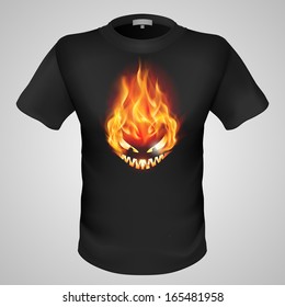 Black male t-shirt with fiery monster print on grey background.