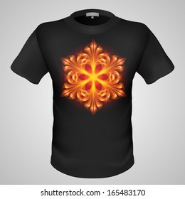 Black male t-shirt with fiery snowflake print on grey background.