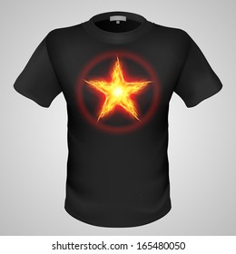 Black male t-shirt with fiery star print on grey background.