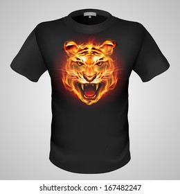 Black male t-shirt with fiery tiger print on grey background.