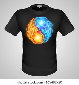 Black male t-shirt with fire yin and yang print on grey background.