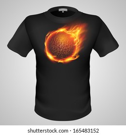 Black male t-shirt with lava ball print on grey background.