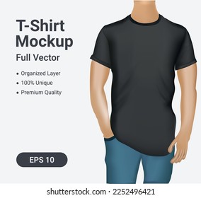 Black male T-shirt Mockup full vector template with organized layers, editable facilities for merchandise