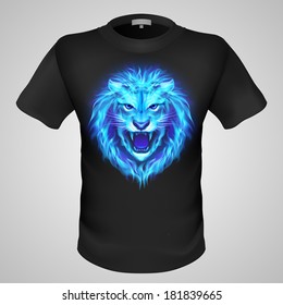 Black male t-shirt with print of blue fiery lion head.