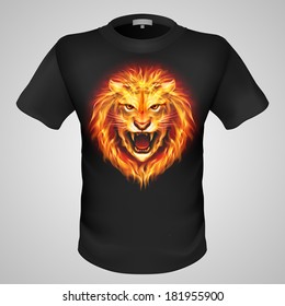 Black male t-shirt with print of fiery lion head. 