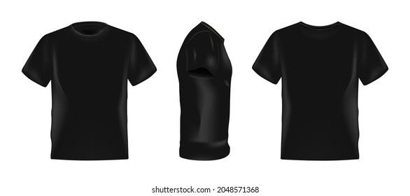 Schwarz-männliches T-Shirt-realistisches Muster, das von der Seite, der Vorderseite und der Rückseite auf weißem Hintergrund, einer Blinddruck-Designvorlage für Modebekleidung - Vektorgrafik