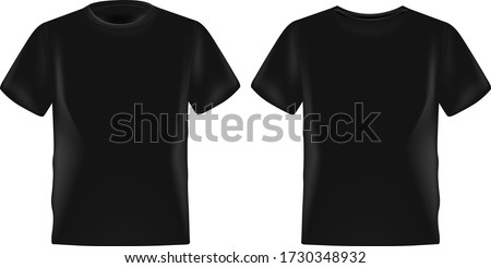 Black male t-shirt realistic mockup set from front and back view on white background, blank textile print design template for fashion apparel - vector illustration