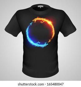 Black male t-shirt with two fiery dragons print on grey background.