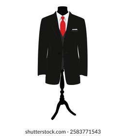 Black male tuxedo suit with red tie and white shirt on mannequin isolated on white background. Business suit, mens suit, man in suit. Vector