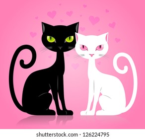 Black male and white female cat fallen in love isolated on pink background