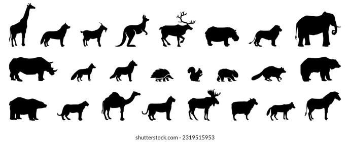 Black mammal animal silhouette collection. Set of black animals icon