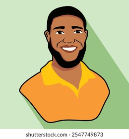 black man avatar with beard vector illustration portrait or vector face cartoon with black hair yellow color shirt with green color background 