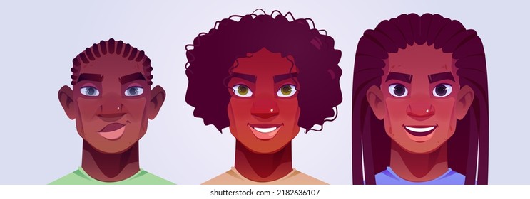 Black man avatars, adult male characters faces. African american personages with curly or braided hair, brown, blue or green eyes. Portraits for social network profiles, Cartoon vector illustration