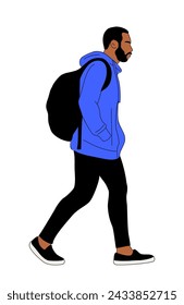 Black man with backpack walking side view.