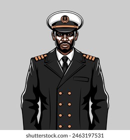 Black man with a beard in a captain's uniform. Vector illustration