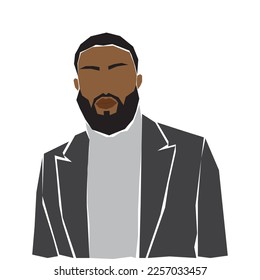 Black man with beard in costume. Abstract man portrait. Vector illustration on white background