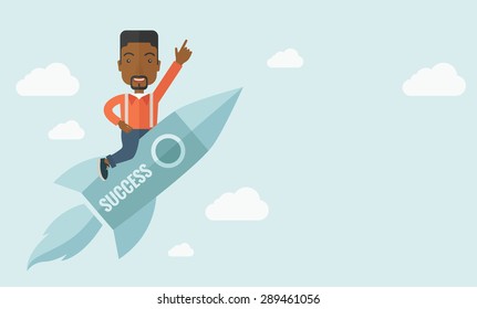 A black man with a beard flying on the rocket raising his hand in the air as his start up. Success concept. A Contemporary style with pastel palette, soft blue tinted background with desaturated