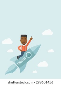 A black man with a beard flying on the rocket raising his hand in the air as his start up. Success concept. A Contemporary style with pastel palette, soft blue tinted background with desaturated