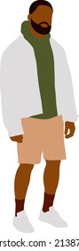 A black man with a beard is standing in a white pie and beige shorts