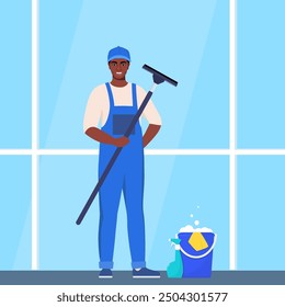 Black Man in blue and yellow uniform cleaning window with glass scraper and washing spray. Housekeeping service, office cleaning service, spring cleaning duty. Vector illustration