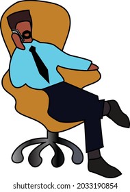 Black Man Boss Ceo With Black Hair  Goatee In Blue Shirt Black Tie Pants Shoes With Socks Sitting In Leather Office Chair On Wheels Talking On His Phone Cross-legged Vector Illustration Logo Isolated