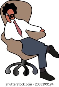 Black Man Boss Ceo With Black Hair  Goatee In White Shirt Pink Tie Pants Shoes With Socks Sitting In Leather Office Chair On Wheels Talking On His Phone Cross-legged Vector Illustration Logo Isolated