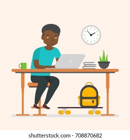 Black man business character working for computer. African American businessman.Work at home. Vector ILlustration