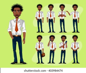 black man in a business style. set of poses and emotions